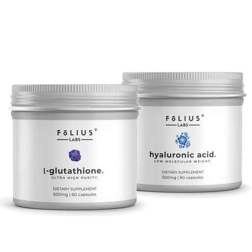 [BRSRYYIPAQJQM2A6] FOLIUS LABS Clean Label Ultra High Strength L-Glutathione 98% + Low Molecular Weight Hyaluronic Acid Combo | Skin Supplement For Women and Men - 60+60 Capsules