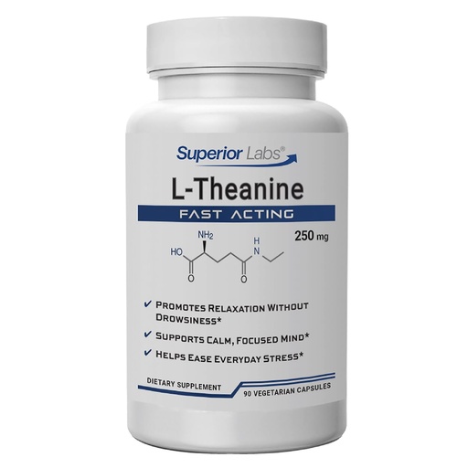 [BRSWIBD4BJ7WYDY3] Superior Labs L-Theanine 250 mg Capsules, Non-GMO, Promotes Non Drowsy Relaxation & Helps Ease Everyday Stress, Supports Healthy Sleep, Promotes a Focused Mind, High Absorption, 90 Veg Caps