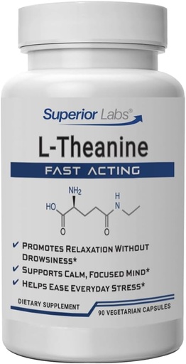 [BRSWIBD4BJ7WYDY3] Superior Labs L-Theanine 250 mg Capsules, Pure Non-GMO Suntheanine, Filler-Free, Promotes Relaxation & Stress Relief, Supports Healthy Sleep, Improved Focus and Attention, High Absorption, 90 Veg Caps