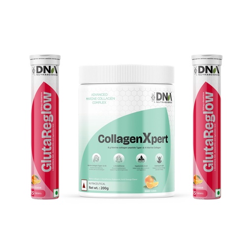 [BRSRGAYBBUJR42DK] GlutaReglow 30 Effervescent Tablets + CollagenXpert Marine Collagen 200 g, L-Glutathione, Hyaluronic Acid, CoQ10, Orange Combo