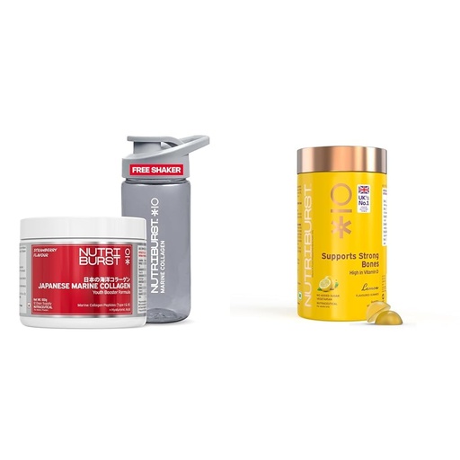 [BRSRGYARBYOQACA2] Nutriburst Japanese Marine Collagen Powder (Strawberry Flavor) + Healthy Muscles & Bones Gummies (Lemon Flavor) with Calcium & Vitamin D | For Men and Women | - (Pack of 2)