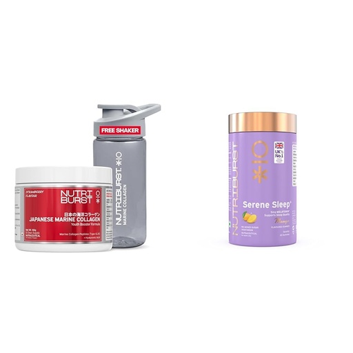 [BRSRGYARBYFW2HTK] Nutriburst Japanese Marine Collagen Powder (Strawberry Flavor) + Serene Sleep Melatonin Gummies (Mango Flavor) | No Added Sugar | For Men and Women | - (Pack of 2)