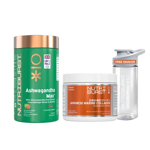 [BRSRGYY2AUHRMHY7] Nutriburst Japanese Marine Collagen Powder (Orange Flavor) + Ashwagandha Max Gummies (Guava Flavor) | No Added Sugar | Combo for Men & Women