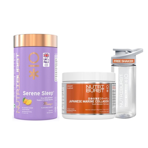 [BRSRGYY2OQFAMF3Z] Nutriburst Japanese Marine Collagen Powder (Orange Flavor) + Serene Sleep Melatonin Gummies (Mango Flavor) | No Added Sugar | Combo for Men & Women