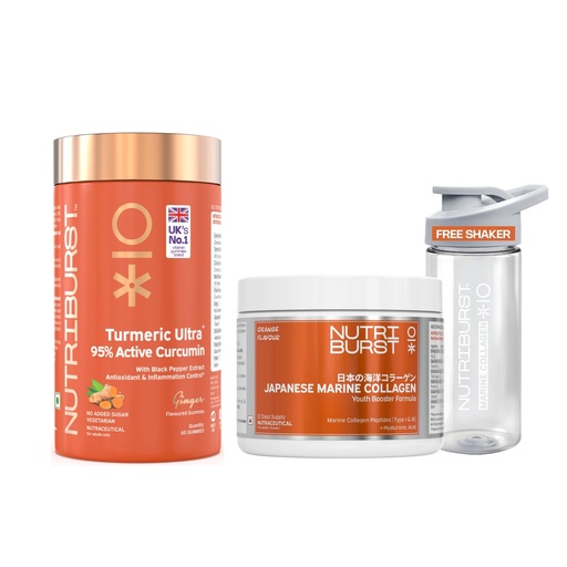 [BRSRGYY2OQGQEA37] Nutriburst Japanese Marine Collagen Powder (Orange Flavor) + Turmeric Ultra Gummies (Ginger Flavor) with 95% Curcumin & Black Pepper | No Added Sugar | Combo for Men & Women