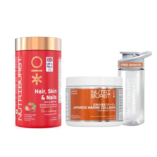 [BRSRGYY2OR6RM33L] Nutriburst Japanese Marine Collagen Powder orange + Biotin Gummies for Healthy Hair, Skin and Nails | Combo for Men and Women