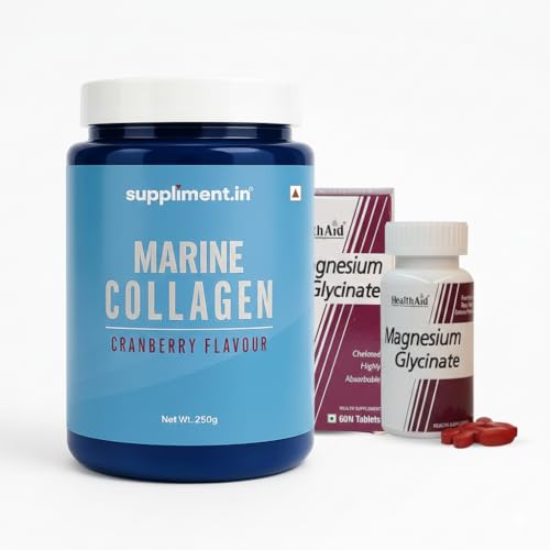 [BRSRGHT3BYDW23QZ] HealthAid Marine Collagen Powder (250g, Cranberry) & Chelated Magnesium Glycinate with Zinc (1682mg) – Skin Hydration, Hair Growth, Muscle Recovery & Better Sleep – Sugar-Free & High Absorption