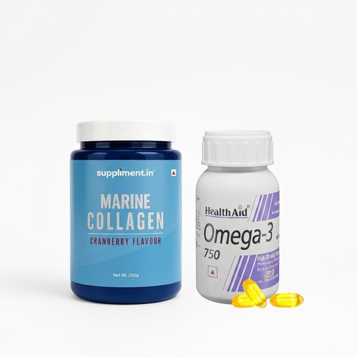 [BRSRGHT3CF5AKAYU] HealthAid Marine Collagen Powder (250g, Cranberry) & Omega-3 Fish Oil (750mg) – Advanced Skin Hydration, Heart Health, Joint Support & Glowing Hair – Mercury-Free & Sugar-Free Duo