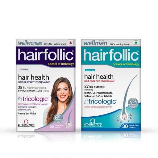 [BRSW2FQ2DECAYGT2] Wellman & Wellwoman Hairfollic Combo Pack with Biotin, Selenium & Zinc | Supports Healthy Hair Growth & Strength | 30 Tablets Each | Nutritional Hair Supplement