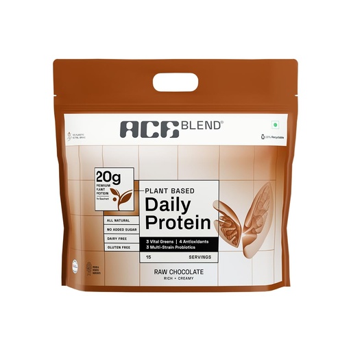 [BRSRMH32BENQID3G] Ace Blend Daily 20G Plant Protein (30 Servings) | Pea & Brown Rice Isolate | 3 Vital Greens 4 Antioxidants 3 Probiotics | Boosts Strength, Recovery & Fat Loss | Men & Women | Raw Chocolate, 990g