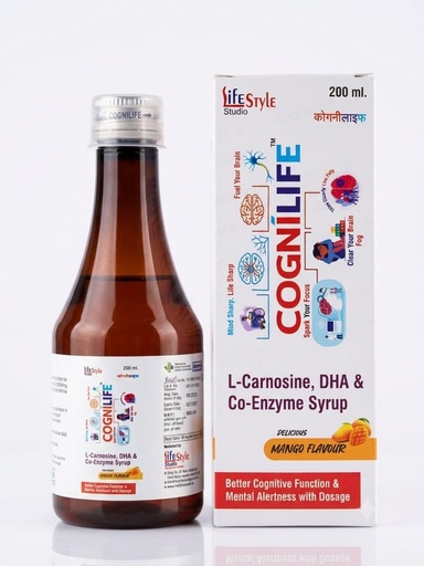 [BRSRYFQQCEMRMEY6] Cognilife Syrup 200 ml | L-Carnosine, DHA & Co-Enzyme Syrup | Mango Flavour Nutraceutical Supplement for Cognitive & Mental Wellness (Pack of 1)