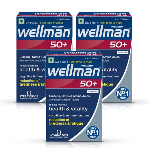 [BRSRAALQDIPAO3QV] Wellman 50+ Multivitamin Tablets for Men Aged 50+ | Ginseng, Citrus & Amino Acids | Support Health & Vitality | Boost Cognitive & Immune Function | Reduce Tiredness & Fatigue | 30 Tablets (Pack of 3)