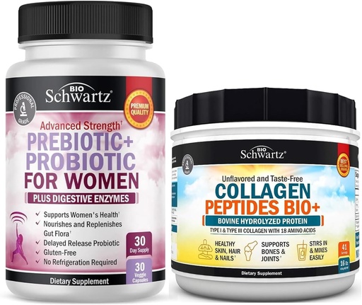 [BRSRABLQOF4GEC3K] BioSchwartz Hydrolyzed Collagen Peptides Powder (40+ Servings) Plus Prebiotics and Probiotics with Digestive Enzymes for Women (1 Month Supply)