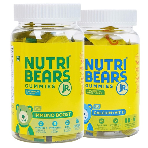 [BRSREZYYBUPBYEYZ] NutriBears Kids Calcium and Immne Gummies for Kids and Teens, 60 Gummy Chewables, Strawberry and Raw Mango Flavour, Natural Gelatin Free Vegetarian Supplement for Strong Bones and Immunity, Combo Pack of 2