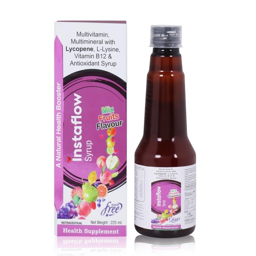 [BRSRAC32CAMRED35] Instaflow Sugar-Free Multivitamin Syrup | With Vitamin B12, Lycopene & L-Lysine | Mixed Fruit Flavour | Best B12 Supplement for Energy & Immunity | 225 ml