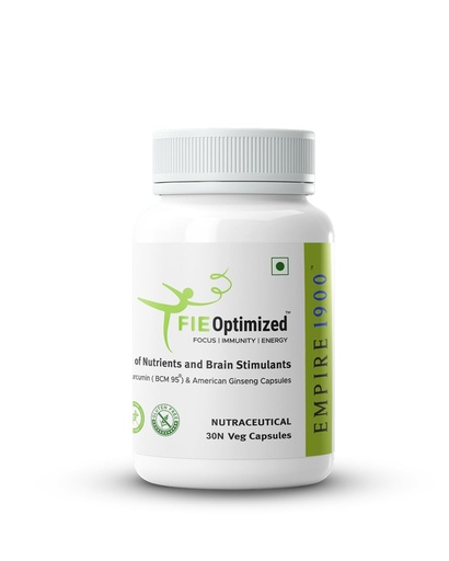 [BRSROHDYAAIRUFLV] EMPIRE 1900 FIE Optimized Veg Capsules I Curcumin BCM-95 I American Ginseng & Ubiquinol I Boosts Focus, Immunity & Energy I Benefits Brain, Memory, Mood, Immune Health I Natural Energy Booster I (30 Vegetarian Capsules)