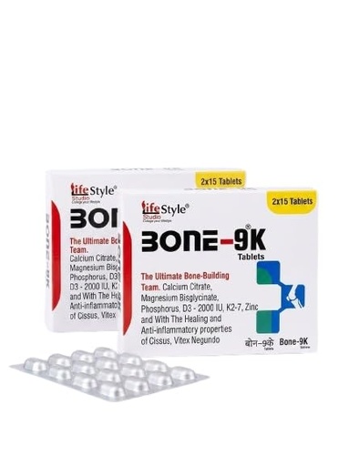 [BRSRYEL2CF5A4EL7] Bone-9K Tablets | Calcium Citrate, Vitamin D3, Vitamin K2-7, Magnesium Bisglycinate, Phosphorus & Zinc Nutritional Supplement | 15 Tablets per Strip | Vegetarian Formula (Pack of 1)