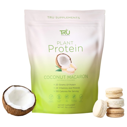 [BRSWYHA6AR6R6G3J] TRU Supplements Plant Based Protein Powder, BCAA, EAA, 20g Vegan Brown Rice & Pea Protein, 100 Calories, 27 Vitamins, No Artificial Flavors 25 Servings (Coconut Macaron)