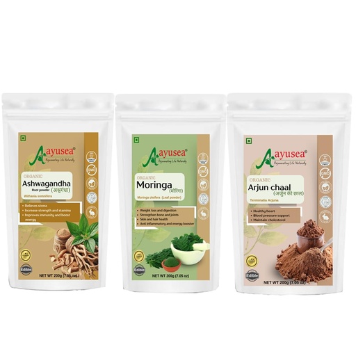 [BRSRAGAHDMCRACTB] ARJUN CHAAL AND MORINGA AND ASHWAGANDHA POWDERS (200g) COMBO FOR CARDIO HEALTH, STRESS REDUCTION AND FOR HOLISTIC WELLNESS