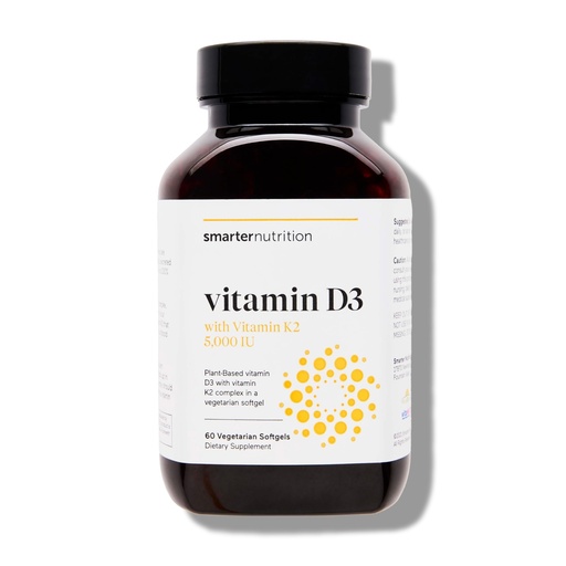 [BRSWY233CV5BSCY2] SMARTERNUTRITION Vegan Vitamin D3 5000 IU + Natural Vitamin K2 1100 mcg in Organic Coconut & Olive Oil - D3 K2 Supplement for Immune & Bone Support - 60 Softgels[30 Day Supply]