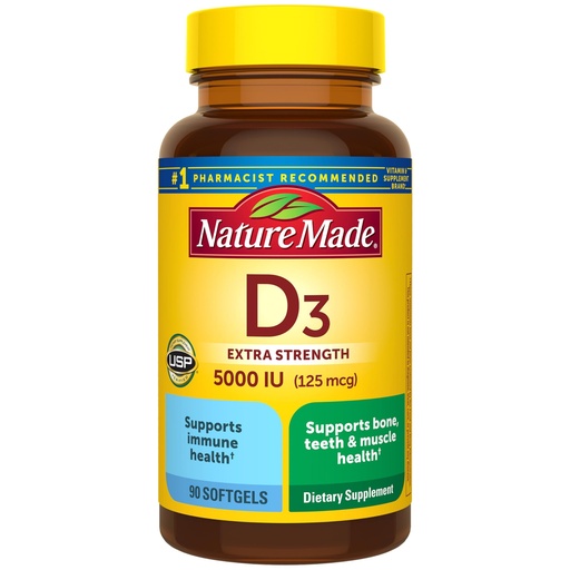 [BRSWIYL6B4DBQETU] Nature Made Vitamin D3 5000 IU (125 mcg) Softgels, Extra Strength Vitamin D Supplement for Bone and Immune Health Support, 90 Softgels, 90 Day Supply