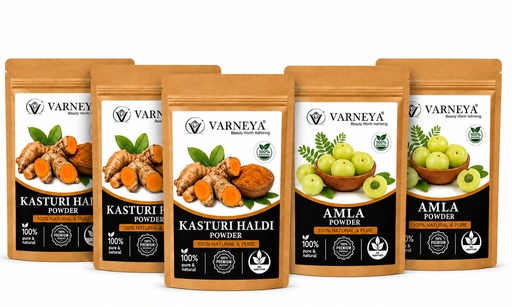 [BRSRYZYKAUPAADLU] Naturals Organic Kasturi Haldi (Wild Turmeric) Powder 100g + Amla Powder 100g Combo | 100% Pure Natural Ayurvedic Herbal Powders | Chemical-Free | For Face Pack, Hair Care & Skin Care | No Preservatives (Pack OF 5)