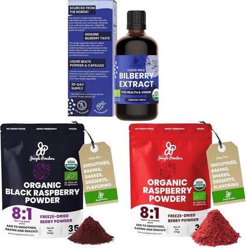 [BRSROAAYCJ5BUDLL] Poudres de jungle Extrait de bilberry sauvage pour les yeux USDA Organic 3.4oz Bouteille, Poudres de framboises rouges noires Bundle 5 once Sachet, framboises séchées congelées pour smoothies au four Fruits déshydratés