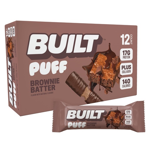 [BRSRMFAZAUFRGHTO] BUILT Bar Puff Protein Bars - Brownie Batter - 17g Protein Snack Bars with Collagen - Calorie Conscious & Gluten Free - 12 Count