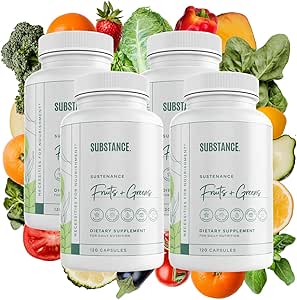 [BRSROBAQABYG2EQV] SUBSTANCE. 4-pck Nature's Sustenance Daily Greens, Daily Fruit and Veggies Supplement - Enhance Energy, Mental Clarity - Fruits and Vegetables Supplements - US Made, Vegan-Friendly - 120 Servings.