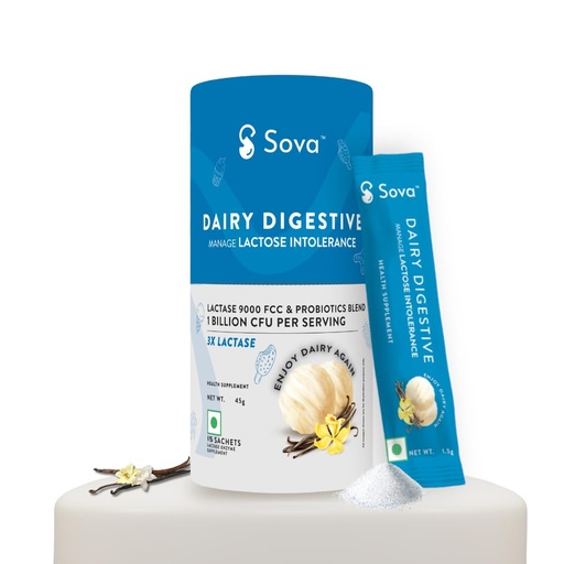 [BRSREBQTOAAQGEYZ] Sova Dairy Digestive Supplement for Lactose Intolerance | Lactase Enzyme Supplement with French Vanilla Flavour | 9000 FCC Lactase with Probiotics, 15 Sachets