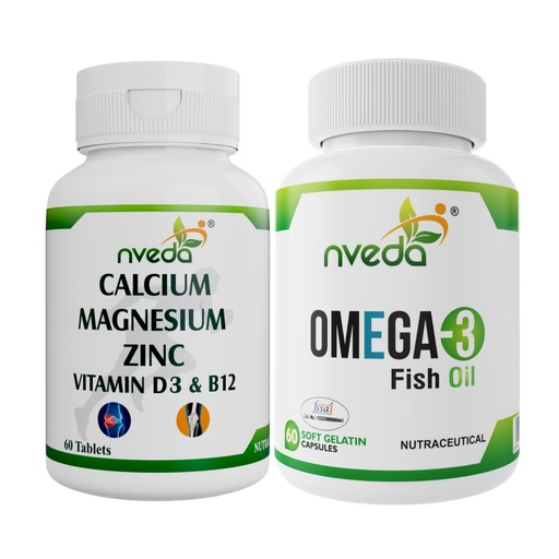 [BRSRMHD7OECGKH3J] Nveda Omega 3 Fish Oil & Calcium Combo for Men & Women with Omega 3, Calcium, Magnesium, Zinc, Vitamin D3 & Vitamin B12 for Heart, Brain & Bone Health, 60 Capsules + 60 Tablets