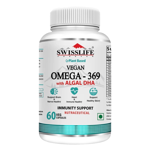 [BRSROEICOBYQAAA4] SwissLife Forever Plant Based Vegan Omega 3 6 9 with Algal DHA | Support Brain, Nerve, Heart & Immune Health | Healthy Skin for Men & Women (60 Capsules)