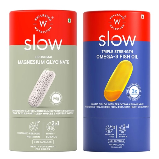 [BRSRYFA2BYORYETO] Wellbeing Nutrition Liposomal Magnesium Glycinate 1490mg, 200mg Elemental Magnesium, 60 Capsules + Slow 3X Strength Omega 3 Fish Oil 1500mg with EPA 612mg, DHA 408mg & Curcumin, 60 Softgels