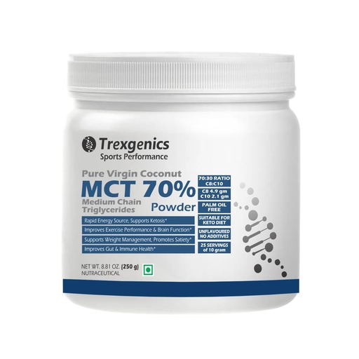 [BRSRGEI6B4NBECD5] Trexgenics Pure MCT Medium Chain Triglycerides 70% Powder (from Virgin Coconut) 70:30 C8:C10 Ratio, Rapid Energy, Ketosis Support (250 gram)