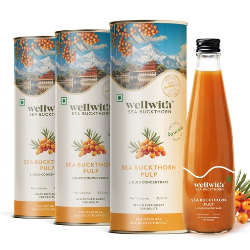[BRSRAFIPA4OQECQ2] Wellwith by Ayuzera Himalayan Sea Buckthorn Berry Pulp 300ml | Plant Based Vegan Omega 3, 6, 7 & 9 | No Fish Oil | Natural & Organic | Upto 50 Glass Juice | Antioxidants & Vitamins (300ml, Pack Of 3)