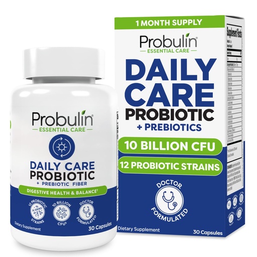 [BRSRAAY6CFYBEGTK] Probulin Daily Care Probiotic Supplement, Digestive, Gut, and Immune Health Support Capsules for Men and Women, 10 Billion CFU, Vegan, 30 Count Bottle