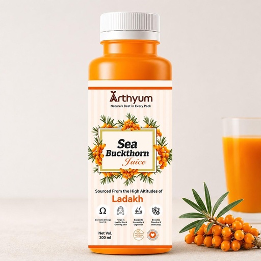 [BRSRYZAOB57QEFDZ] Arthyum Sea Buckthorn Juice Pulp Concentrate 300ml | Cold Pressed Rich In Omega 3,6,7,9 | Natural Vitamin C, Antioxidants | Immunity Booster, Skin Glow, Gut Health Support Herbal Juice | Sourced From Ladakh | Make 50 Glasses | Natural Health Drink | No Added Sugar