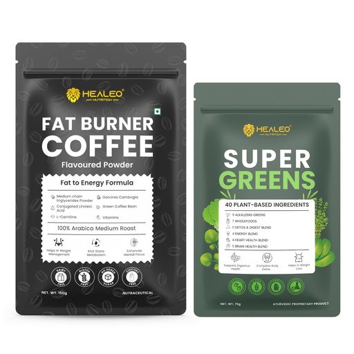 [BRSRYZQ3C4GRMFLL] HEALEO Weight Management & Daily Wellness Combo | Fat Burner Coffee with MCT, L-Carnitine & Green Coffee Bean + Super Greens Powder with 40 Plant-Based Ingredients | Metabolism, Detox & Digestive Supp