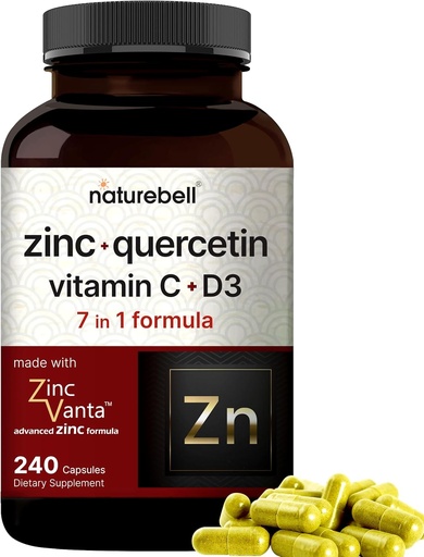 [BRSWYZY6AQHQIAD6] NatureBell Zinc Quercetina con Vitamina C &amp; D3, 240 cápsulas ← Quercetina 1000mg + Zinc 50mg + Vitamina C 250mg + Vitamina D3 5,000 UI ← 4-in-1 Advanced Immune &amp; Lung Soporto permanente ZincVanta Formula