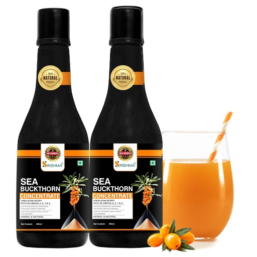 [BRSREY33DEPB43TP] SRISHMA Sea Buckthorn Juice Concentrate 500ml Pack of 2 | Cold Pressed Sea Buckthorn Pulp | Natural Vitamin C & Omega 3 6 7 9 | Antioxidant Rich Herbal Health Drink