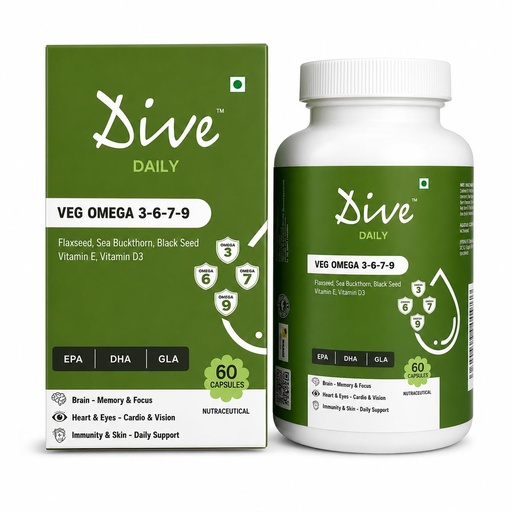 [BRSRYYI6CN5AOAA4] Dive Daily Veg Omega 3-6-7-9 | Plant-Based Omega Supplement with Flaxseed, Sea Buckthorn & DHA | Supports Heart, Brain, Skin, Eyes & Immunity | Vegetarian Fish Oil Alternative | 60 Veg Capsules