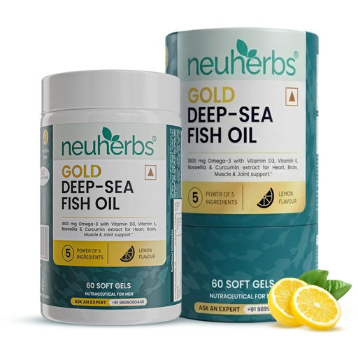 [BRSRAAYFOQIBMHT5] Neuherbs Gold Deep Sea 6X Omega 3 Fish Oil Capsules - 60 Softgels | EPA - 1080mg & DHA - 720mg | Vitamin E & D3 For Muscle, Brain & Joints Support | Lemon Flavour | No Fishy Burps|