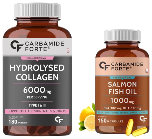 [BRSRMAT4CF7GCCL2] Carbamide Forte Salmon Fish Oil Omega 3 Capsule 1000 mg - Pack of 150 Softgel Capsules & Carbamide Forte Hydrolyzed Collagen Peptides, 180 Tablets | 6000mg with Type 1 & 3 Collagen Powder
