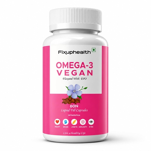 [BRSRMGL5OF7QKA33] Fixuphealth Flaxseed Oil Omega 3 Vegetarian Capsules with Evening Primrose Oil | Vegan Omega 3 Supplement for Hair, Skin, Heart, Brain, Joint & Bone Health | 60 Liquid Filled Veg Capsules