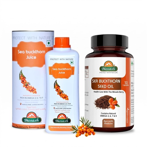 [BRSRGCQNDIIWKHTD] Biosash Sea Buckthorn Wellness Combo, Himalayan Sea Buckthorn Juice 250ml (Makes 50 Glasses) + Seed Oil Capsules (30 Caps), Omega 3 6 7 9, Antioxidant-Rich, Skin, Hair & Daily Immunity Support