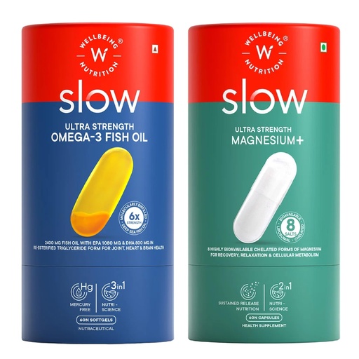[BRSRYFA2CV6WO3TO] Wellbeing Nutrition Ultra Strength Magnesium+ 8 Chelated Salts, Bisglycinate, Citrate & Threonate, 60 Capsules + Slow 6X Strength Omega 3 Fish Oil 2400mg with EPA 1080mg, DHA 800mg & Curcumin, 60 Caps