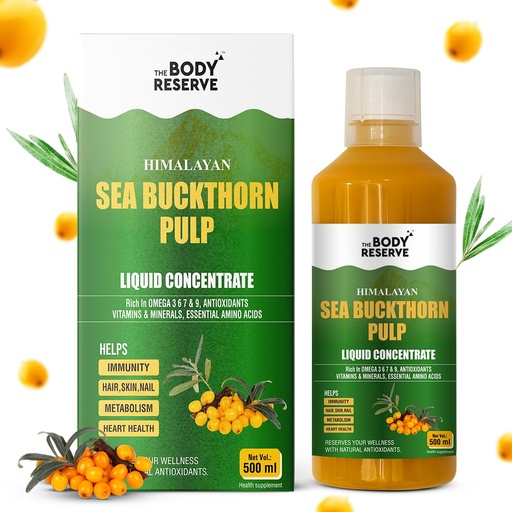 [BRSRGZACDNYGCA32] The Body Reserve Himalayan Sea Buckthorn Juice 500ml | Cold Pressed Seabuckthorn Berry Pulp Concentrate | Natural Vitamin C | Omega 3-6-7-9 | Antioxidant-Rich Gut Health Juice for Skin Glow, Heart & Immunity Support