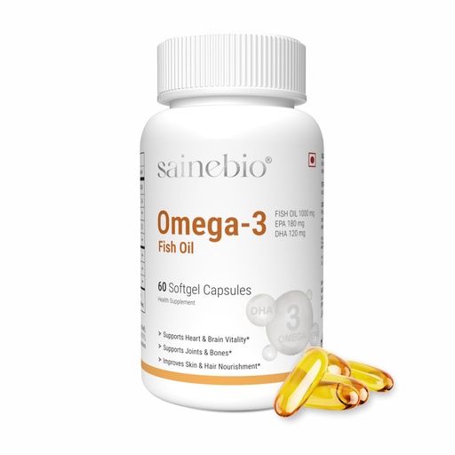 [BRSREEIPDIIB4H32] Sainebio Omega-3 Fish Oil 1000mg Softgels | 180mg EPA & 120mg DHA | Heart, Brain, Eye & Joint Support | Burp-Free Fish Oil for Men & Women | 60 Softgels