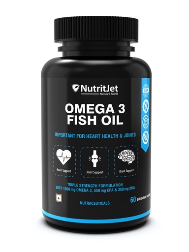[BRSW2BA5AAPAICDP] NutritJet Omega 3 Fish Oil 1000mg High Strength with 550 mg EPA and 350 mg DHA for Healthy Heart, Joint Care, Better Skin & Bones Health - 60 Softgels