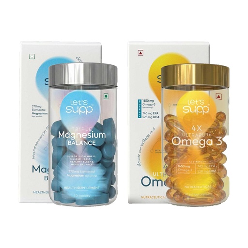 [BRSRYZAYOENAY33B] Let's Supp™ Focus & Recovery Stack | Triple Magnesium Balance 370mg + 4X Ultrapure Omega 3 Fish Oil 1650mg | EPA 743mg + DHA 528mg | Heart Brain Joint + Sleep Stress Calm | 30 Tablets + 30 Softgels
